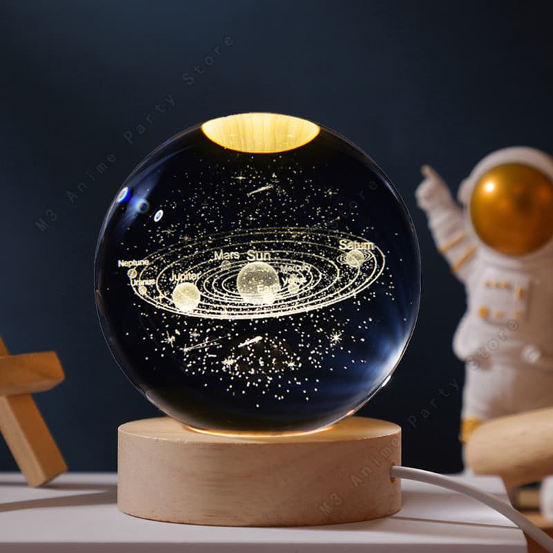 3D Kristallkula Nattlampa – Galax & Planeter med Träbas