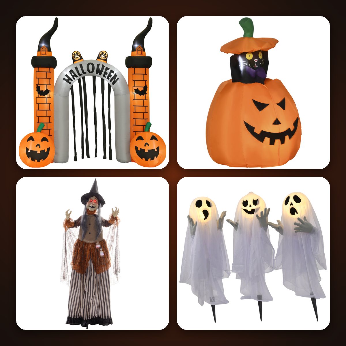 Halloweendekoration 2026: uppblåsbar halloweenport med pumpor, uppblåsbar pumpa med svart katt, animerad häxa och tre lysande spöken